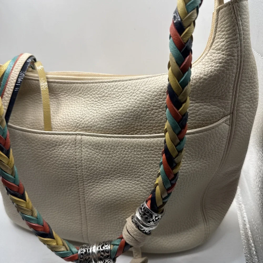 Brighton Ivory Pebbled Leather Hobo Shoulder Bag Multicolor Braided Strap...